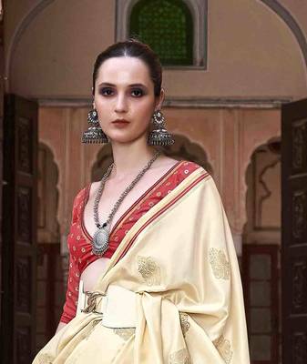 beige satin zari woven saree with unstitched blouse piece 4