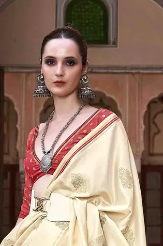beige satin zari woven saree with unstitched blouse piece