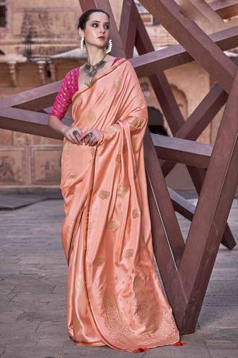 peach satin zari woven saree with unstitched blouse piece