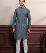 Grey blended cotton fabric wevon dobby designer men's kurta payjama