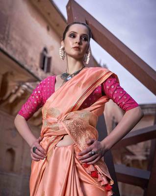 peach satin zari woven saree with unstitched blouse piece 2