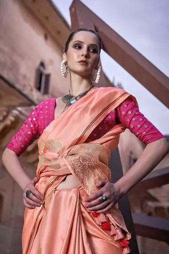 peach satin zari woven saree with unstitched blouse piece
