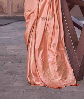 peach satin zari woven saree with unstitched blouse piece 3