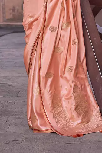 peach satin zari woven saree with unstitched blouse piece