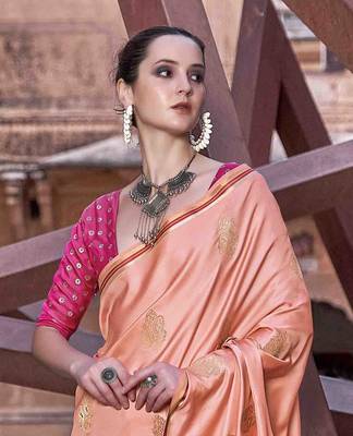 peach satin zari woven saree with unstitched blouse piece 4