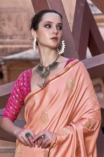 peach satin zari woven saree with unstitched blouse piece