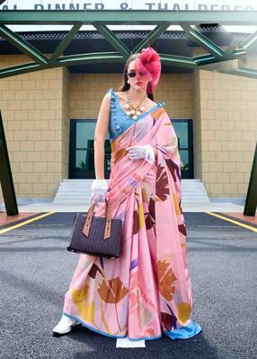 baby pink satin print saree with unstitched blouse piece 1