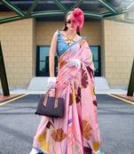 baby pink satin print saree with unstitched blouse piece