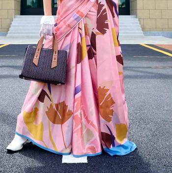baby pink satin print saree with unstitched blouse piece 3