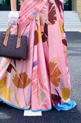 baby pink satin print saree with unstitched blouse piece