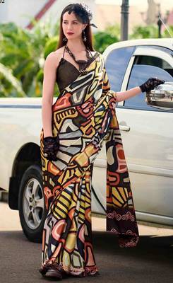 multicolor satin print saree with unstitched blouse piece 1