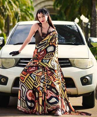 multicolor satin print saree with unstitched blouse piece 2
