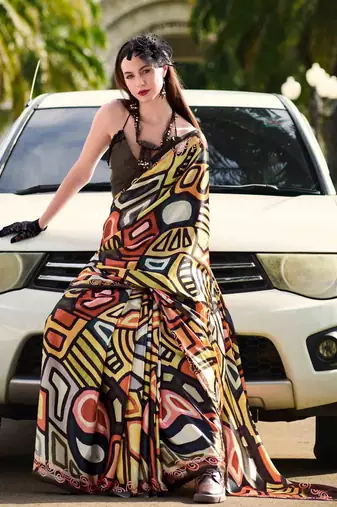 multicolor satin print saree with unstitched blouse piece