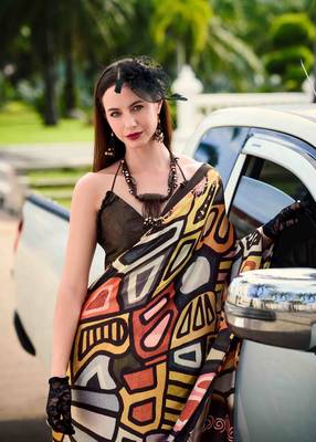 multicolor satin print saree with unstitched blouse piece 4