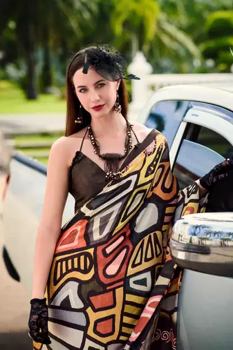 multicolor satin print saree with unstitched blouse piece