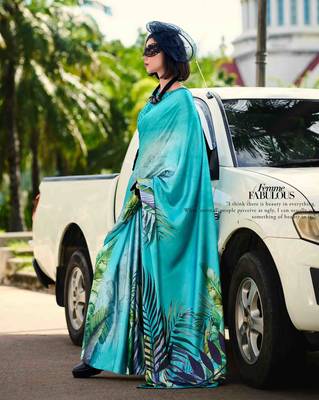 turquoise satin print saree with unstitched blouse piece 1