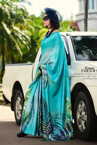 turquoise satin print saree with unstitched blouse piece