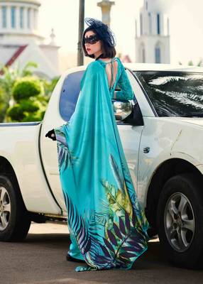 turquoise satin print saree with unstitched blouse piece 2