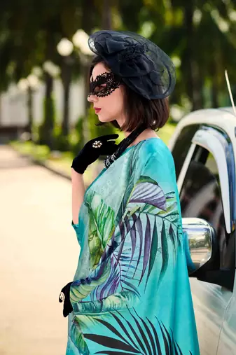 turquoise satin print saree with unstitched blouse piece