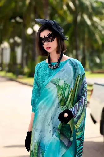 turquoise satin print saree with unstitched blouse piece