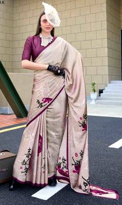 off white satin print saree with unstitched blouse piece 1