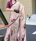 off white satin print saree with unstitched blouse piece