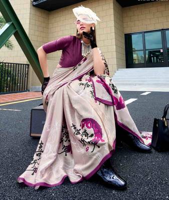 off white satin print saree with unstitched blouse piece 2