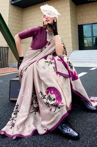 off white satin print saree with unstitched blouse piece