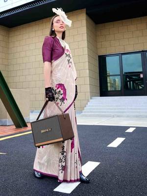 off white satin print saree with unstitched blouse piece 3