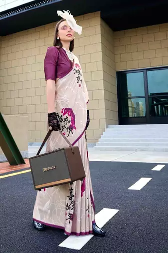 off white satin print saree with unstitched blouse piece
