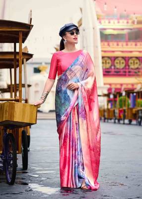 multicolor satin print saree with unstitched blouse piece 1