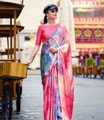 multicolor satin print saree with unstitched blouse piece