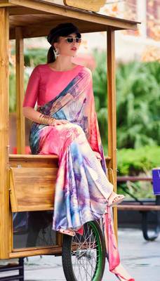 multicolor satin print saree with unstitched blouse piece 2
