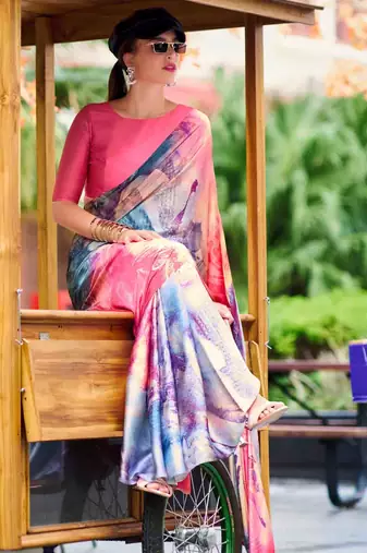 multicolor satin print saree with unstitched blouse piece