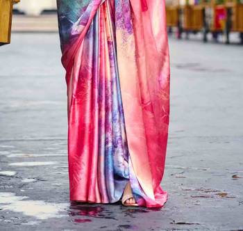 multicolor satin print saree with unstitched blouse piece 3