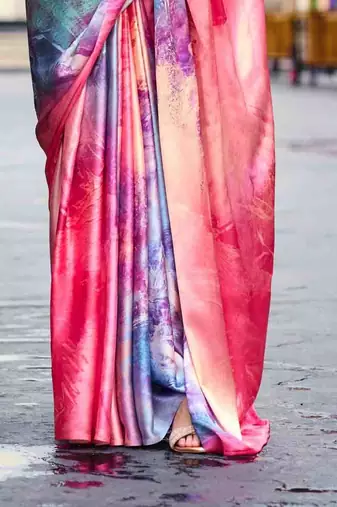 multicolor satin print saree with unstitched blouse piece