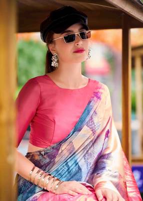 multicolor satin print saree with unstitched blouse piece 4