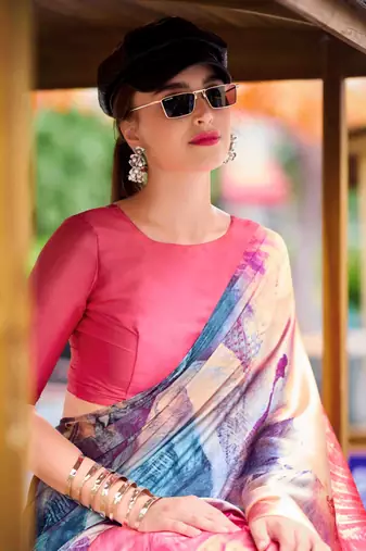 multicolor satin print saree with unstitched blouse piece