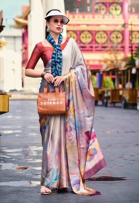 multicolor satin print saree with unstitched blouse piece 1