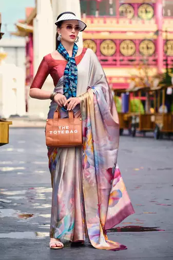 multicolor satin print saree with unstitched blouse piece