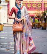 multicolor satin print saree with unstitched blouse piece