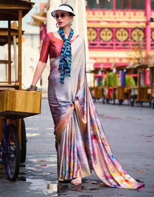multicolor satin print saree with unstitched blouse piece 2