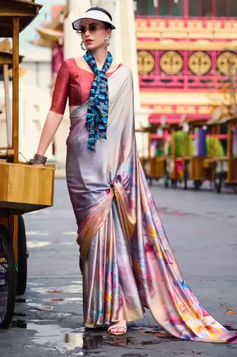 multicolor satin print saree with unstitched blouse piece