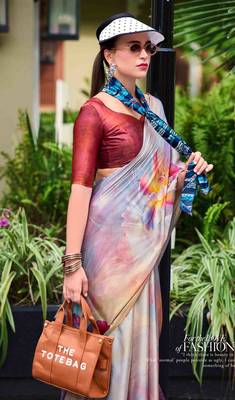 multicolor satin print saree with unstitched blouse piece 3