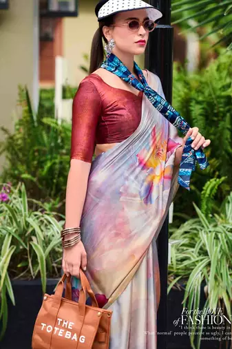 multicolor satin print saree with unstitched blouse piece
