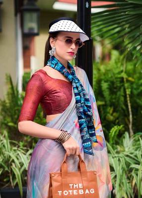 multicolor satin print saree with unstitched blouse piece 4
