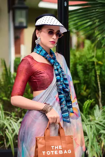 multicolor satin print saree with unstitched blouse piece