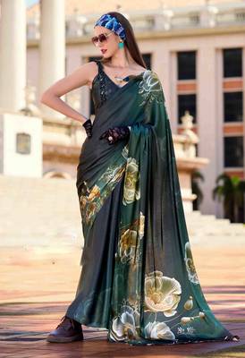 dark green satin print saree with unstitched blouse piece 1