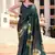 dark green satin print saree with unstitched blouse piece