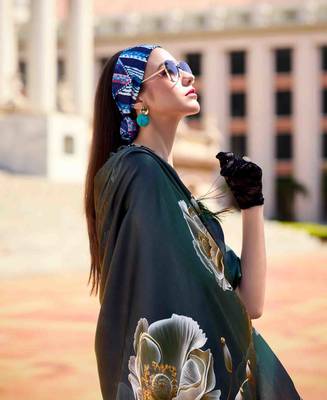 dark green satin print saree with unstitched blouse piece 2